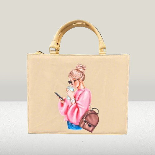 stylish girl with coffee and a phone on a black tote bag - Image 5