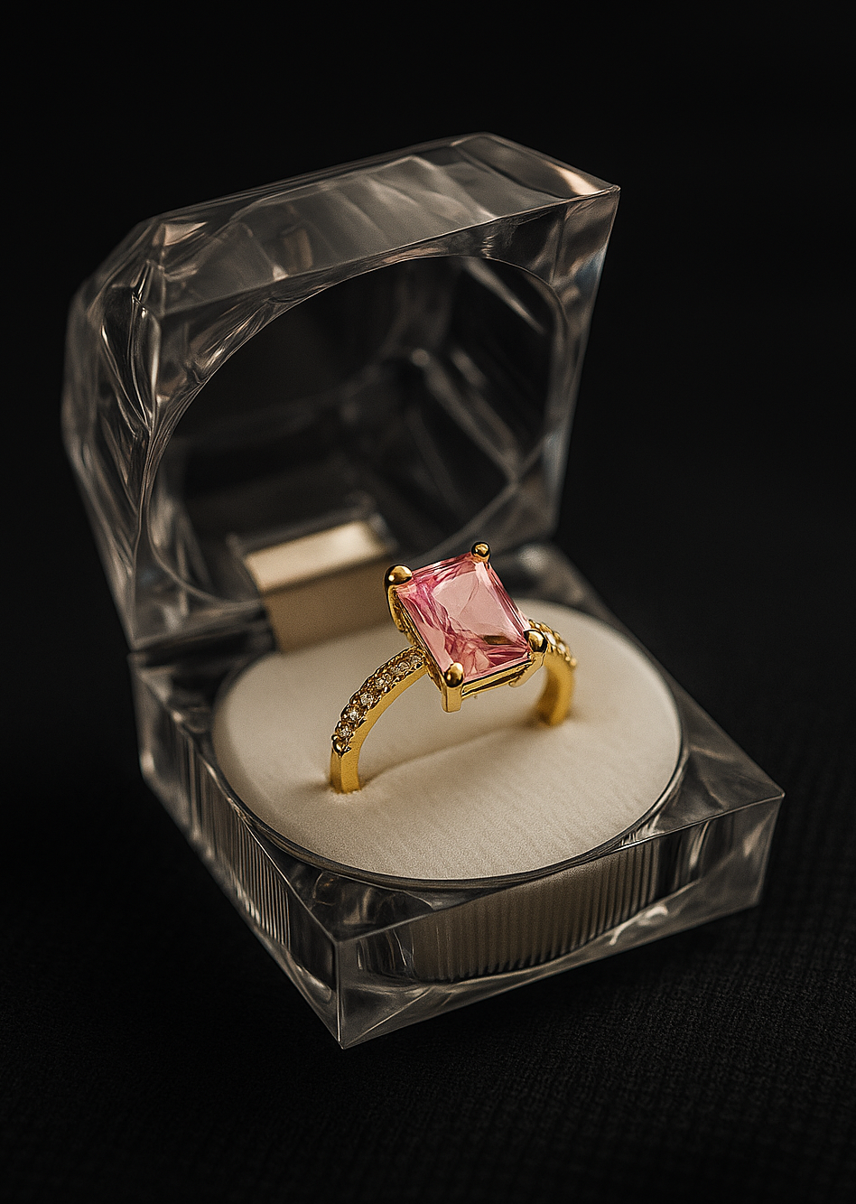 "Pink Gemstone Gold-Toned Ring in Clear Display Box."