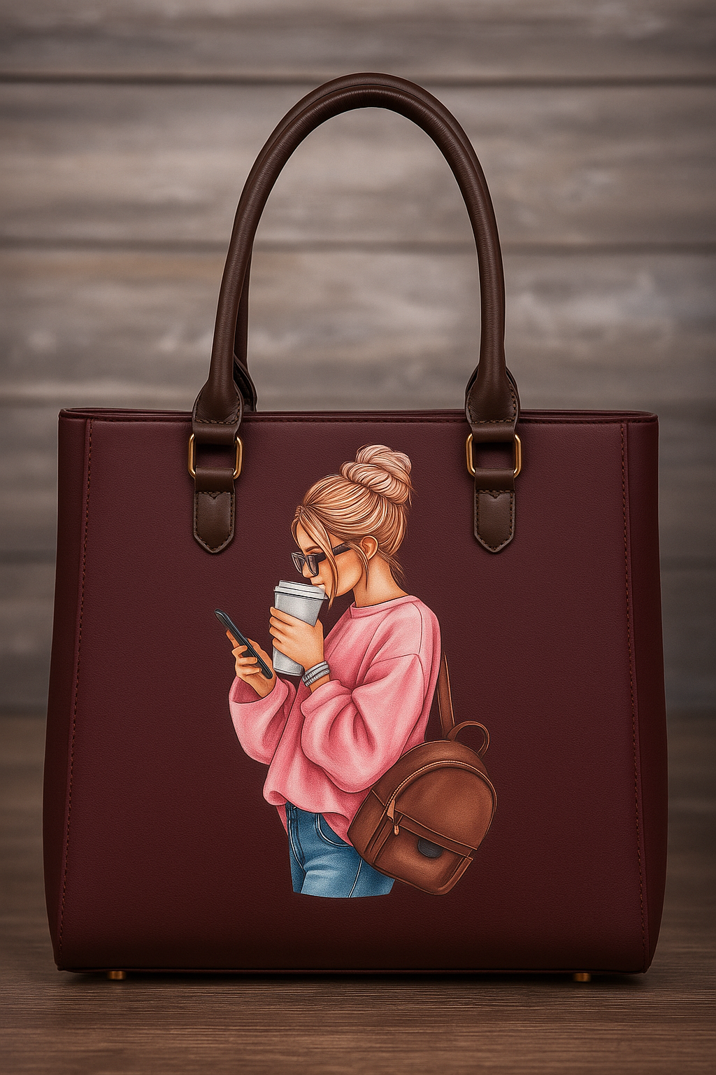 stylish girl with coffee and a phone on a black tote bag - Image 6