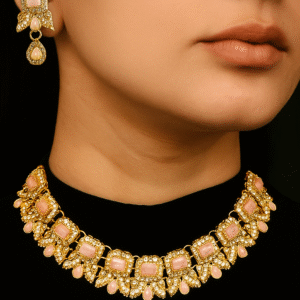 Elegant Gold-color Kundan style and Stone Studded Choker daimond cut Necklace Set with Maang Tikka and Earrings