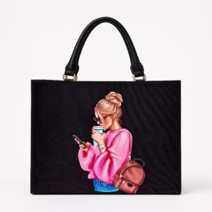 stylish girl with coffee and a phone on a black tote bag