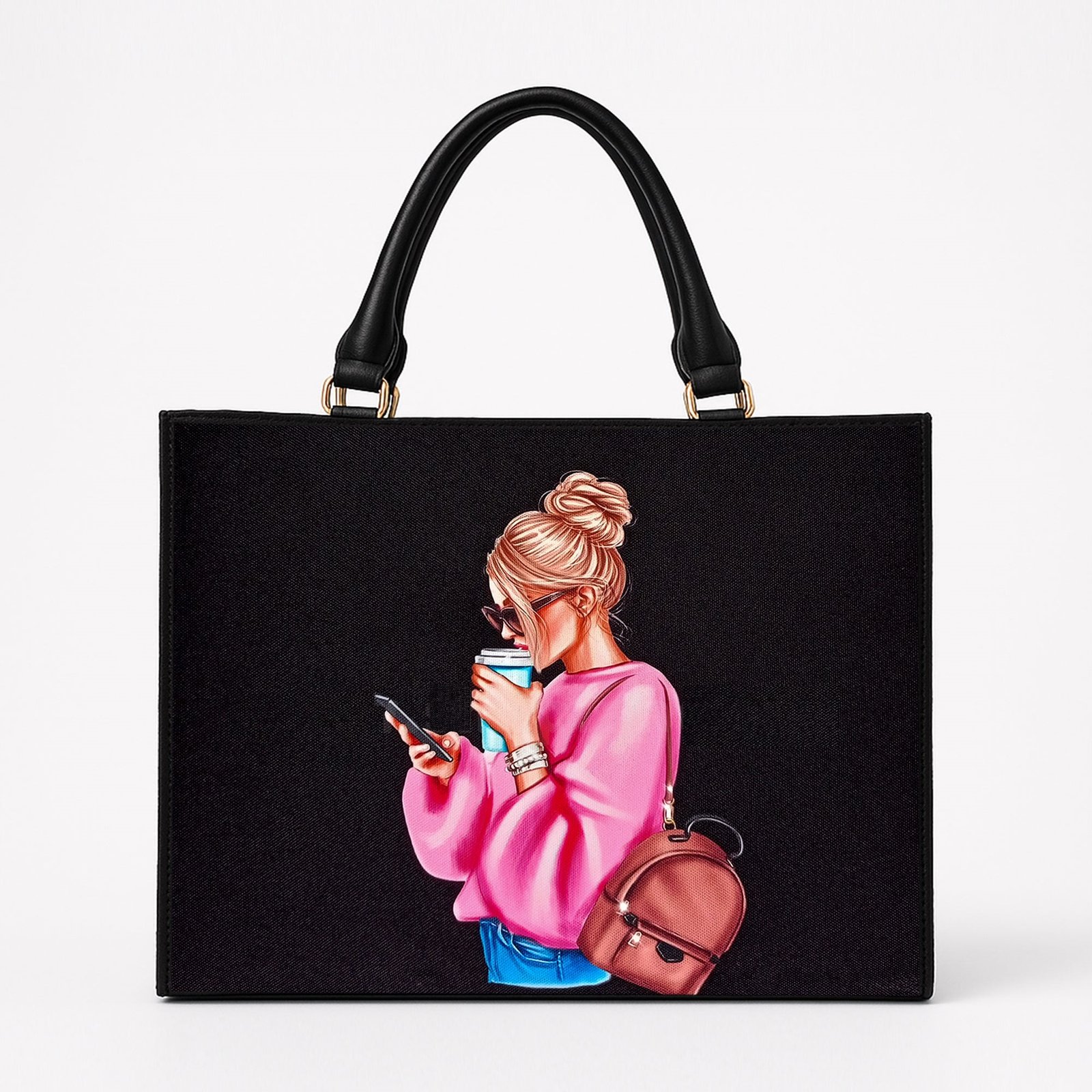 stylish girl with coffee and a phone on a black tote bag