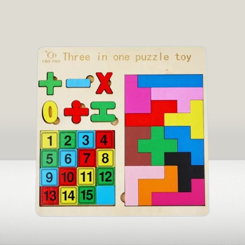 3-in-1 Wooden Puzzle Toy - Numbers, Shapes & Tangram - Image 2