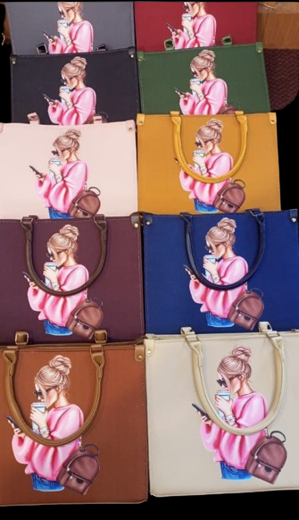 stylish girl with coffee and a phone on a black tote bag - Image 3