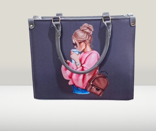 stylish girl with coffee and a phone on a black tote bag - Image 4