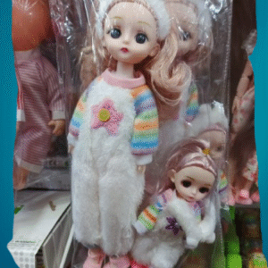 Cute fluffy doll with her baby, rainbow sleeves